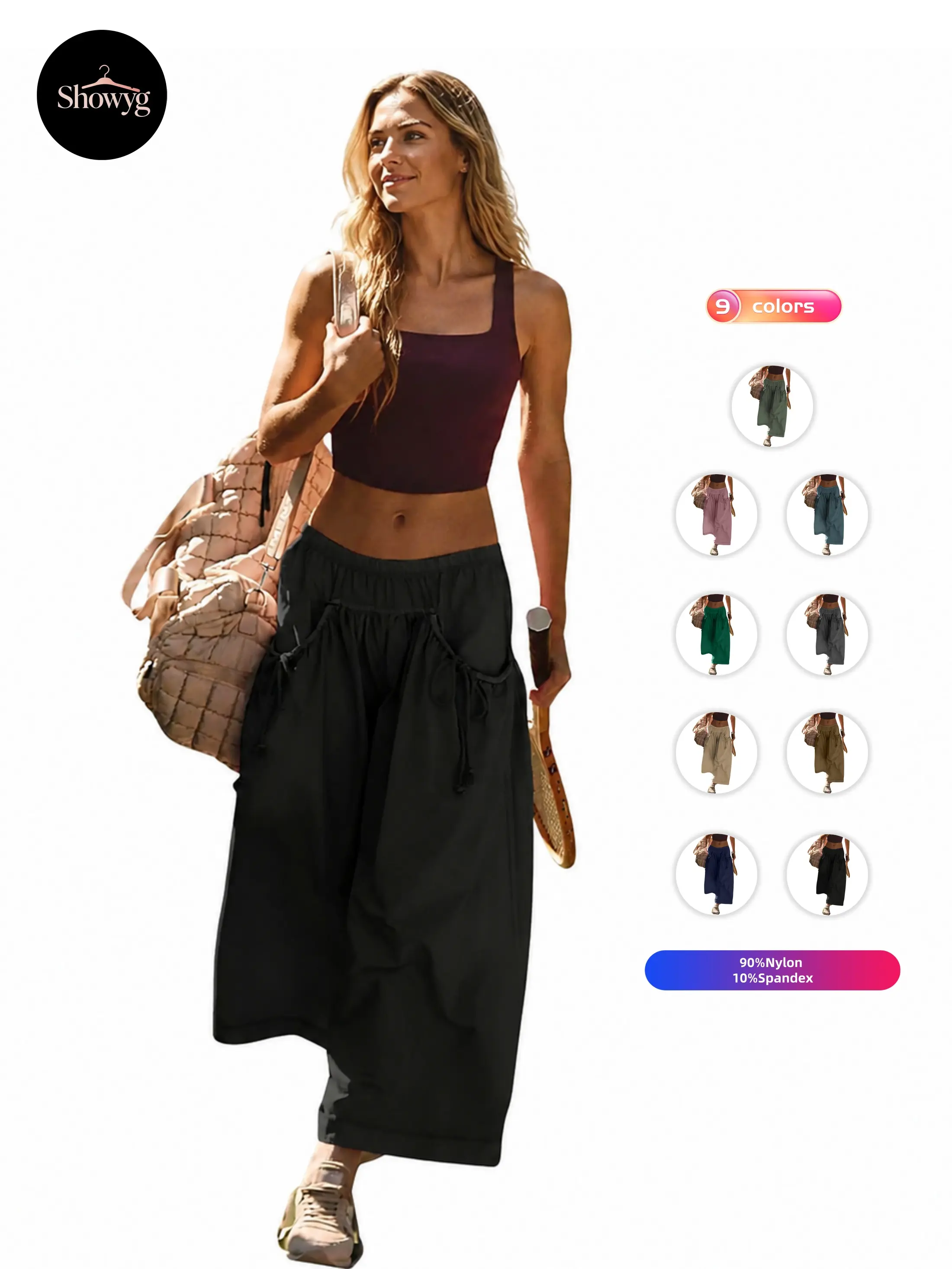 Showyg Women's Loose Wide Leg Track Pants Drawstring Pockets Elastic Waist Capri Hiking Pants