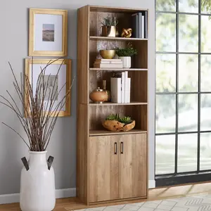 Traditional 5 Shelf Bookcase with Doors, Weathered Oak Finish