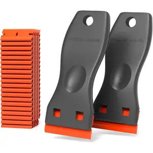 Plastic Razor Blades Scraper Tool - 2 Pack Wall Paint Remover with 100 PCS Blades Kit No Scratch Car Window Glass Wood Sticker Removal Floor Stove Kitchen Vinyl Adhesive Decal Tape Cleaning