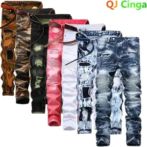 Men's Fashion Motorcycle Jeans Pleated Holes Denim Pants Blue White Red Green Yellow Casual Slim Fit Straight Leg Full Length
