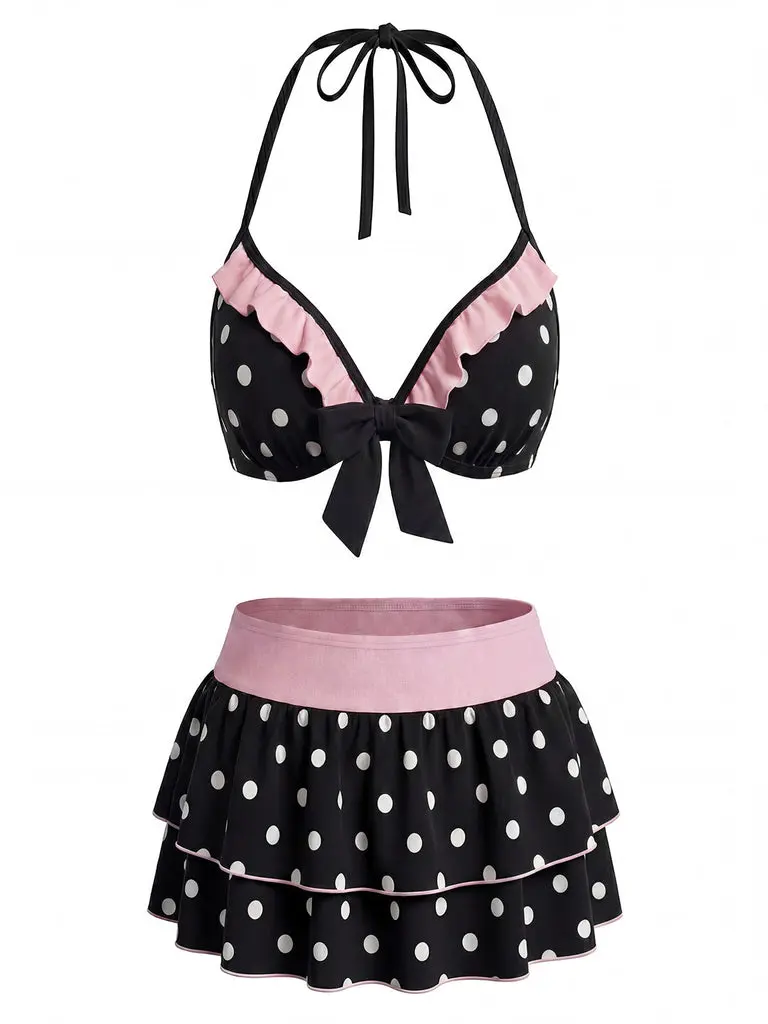 Black & Pink 1940s Polka Dot Bow Halter Bikini Set