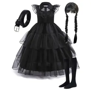 3pcs Gothic Princess Tutu Dress Costume for Girls - Sleeveless Black Vampire Girl Outfit with Ruffled Detail, Includes Belt & Braided Wig - Perfect for Halloween & Carnival Parties, Halloween Costumes
