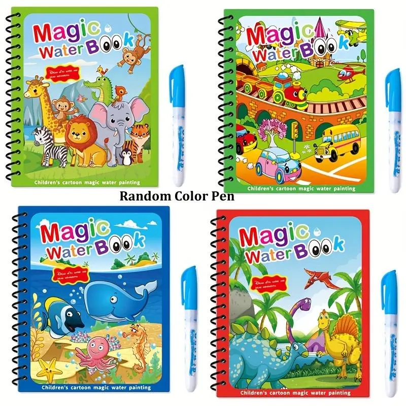 4 Pack Reusable Water Coloring Book for Toddlers, Doodle Paint with Water ,Mess-Free Coloring Book ,Portable Educational Drawing Toy Gifts, Travel Toys for Kids,