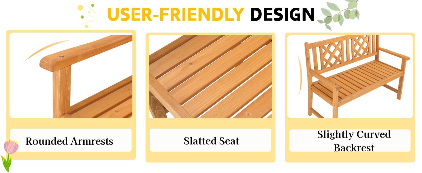 Karlhome Wooden Garden Bench, Outdoor Wood Patio Bench, Rustic Two Person Loveseat Chair w/Armrest for Porch Poolside Park Backyard Balcony, Capacity 605Lbs, Grid Backrest