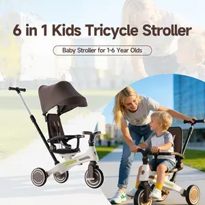 WINHOPE 6-in-1 Toddler Tricycle (1-6Y), Kids Tricycle Stroller with Push Handle, Sun Canopy, EVA Wheels, Stroll/Push/Ride Modes, Indoor/Outdoor Use for Baby Boys Girls