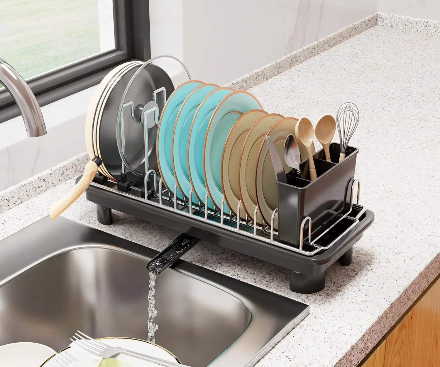 Compact Dish Drying Rack,Small Dish Rack for Kitchen Counter, Dish Drainer with 360 Rotatable Spout,Plate Rack, Dish Strainer with Cutlery Holder for Pots, Fork &  Space Saving