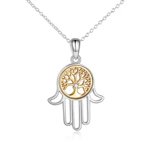 Hamsa Necklace Sterling Silver Two Tone Tree of Life Pendant Necklace