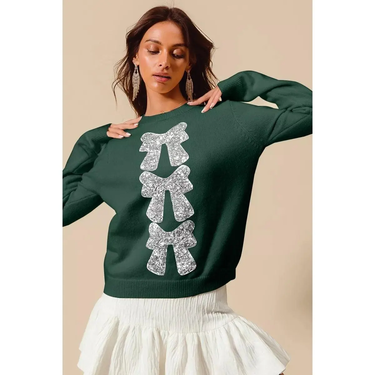 Sequins Bow Ribbon Embellished Christmas Sweater