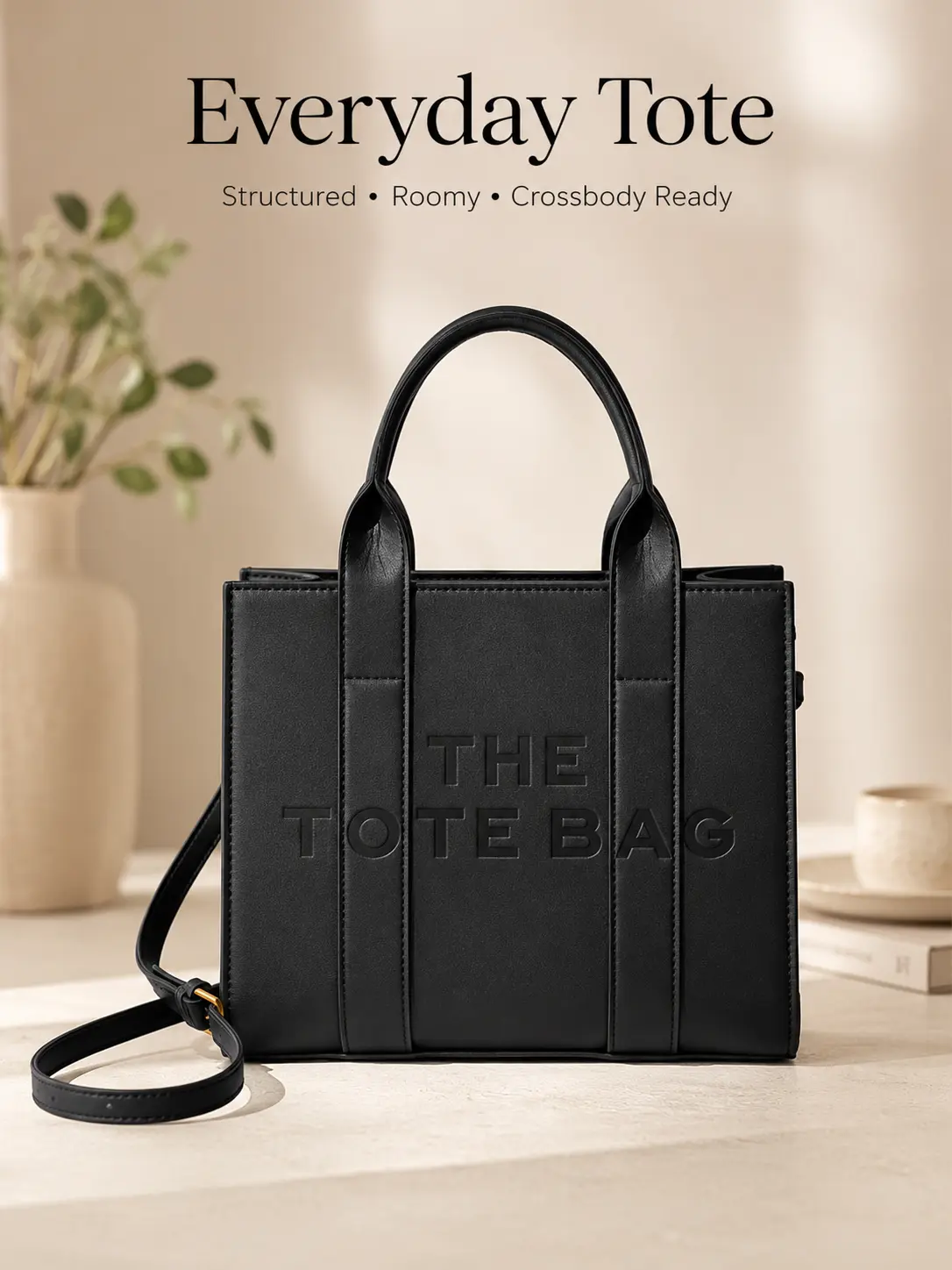 Women's Chic PU Leather Tote, Large-Capacity Letter-Printed Shoulder Crossbody Bag for Business Casual Daily Commutes