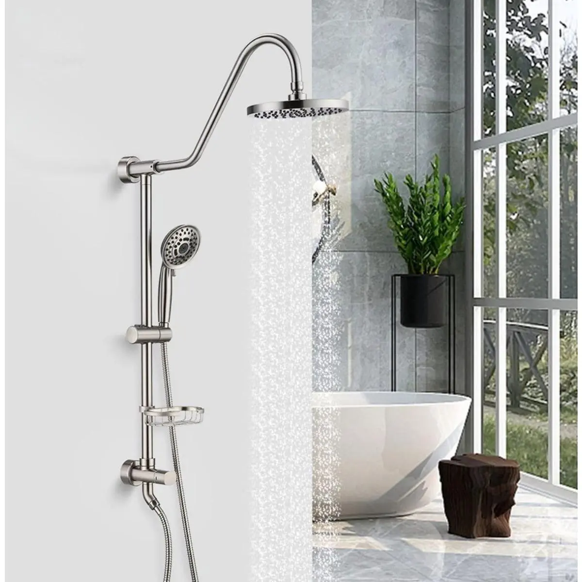 Exbrite Shower System with Rain Showerhead, 5-Function Hand Shower, Adjustable Slide Bar and Soap Dish for Bathroom Shower Faucet Set, Brushed Nickel Finish