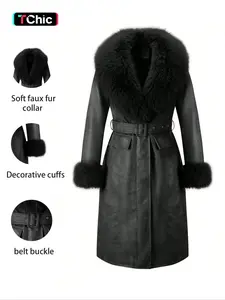 Women's Fall Winter Long Faux Fur Coat, Vintage Style Casual Cotton Woven Jacket with Large Collar and Belt, Elegant Plain Design