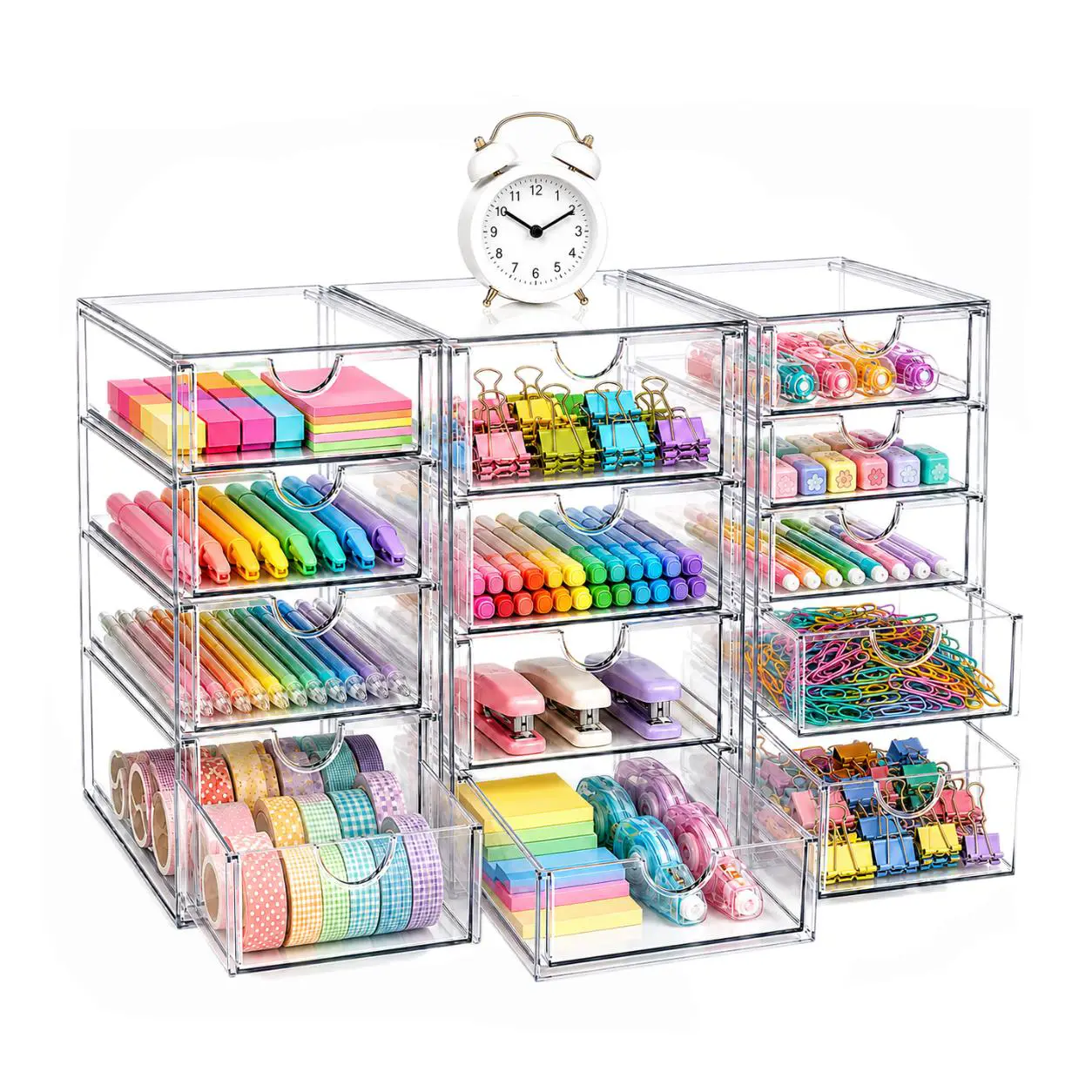 Acrylic Organizer with 13 Drawers - 3 Pack Bathroom Counter & Desk Organizer for Cosmetics, Office Supplies, Pencils, Coffee Pods