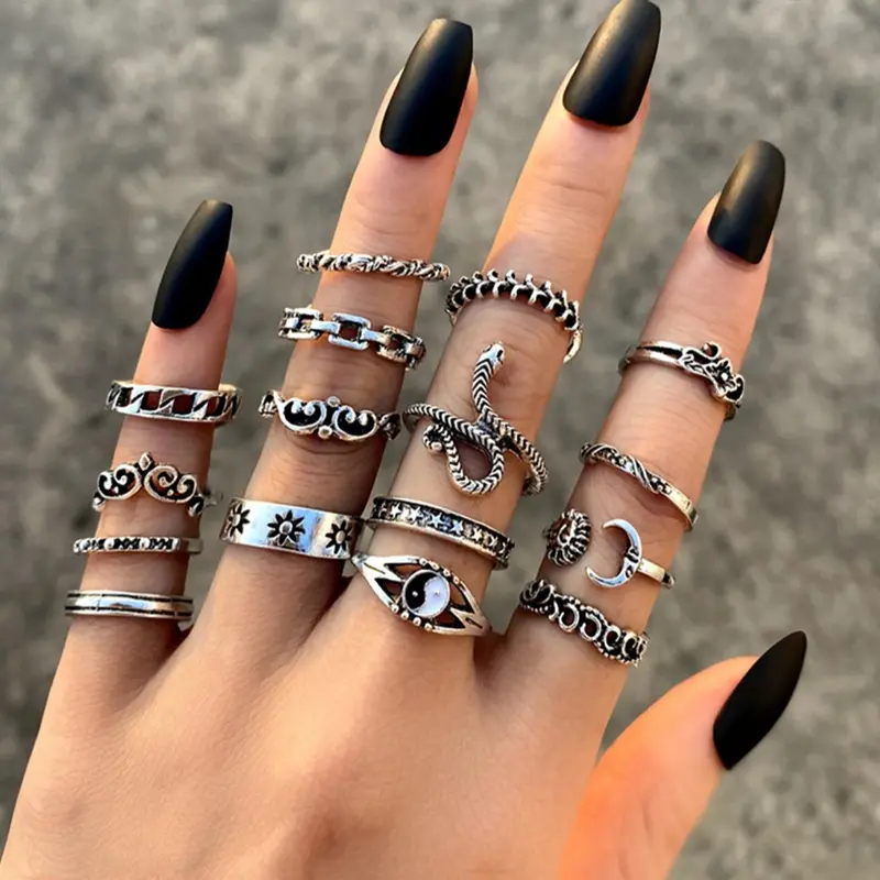 Vintage Snake Yinyang Moon Design Cuff Ring Bundles Kit, Matching Layering Stack Ring, Streetwear Punk Fashion Accessories for Both Men & Women for Gift, Hand Jewelry for Party, Club, Daily Clothing Decoration