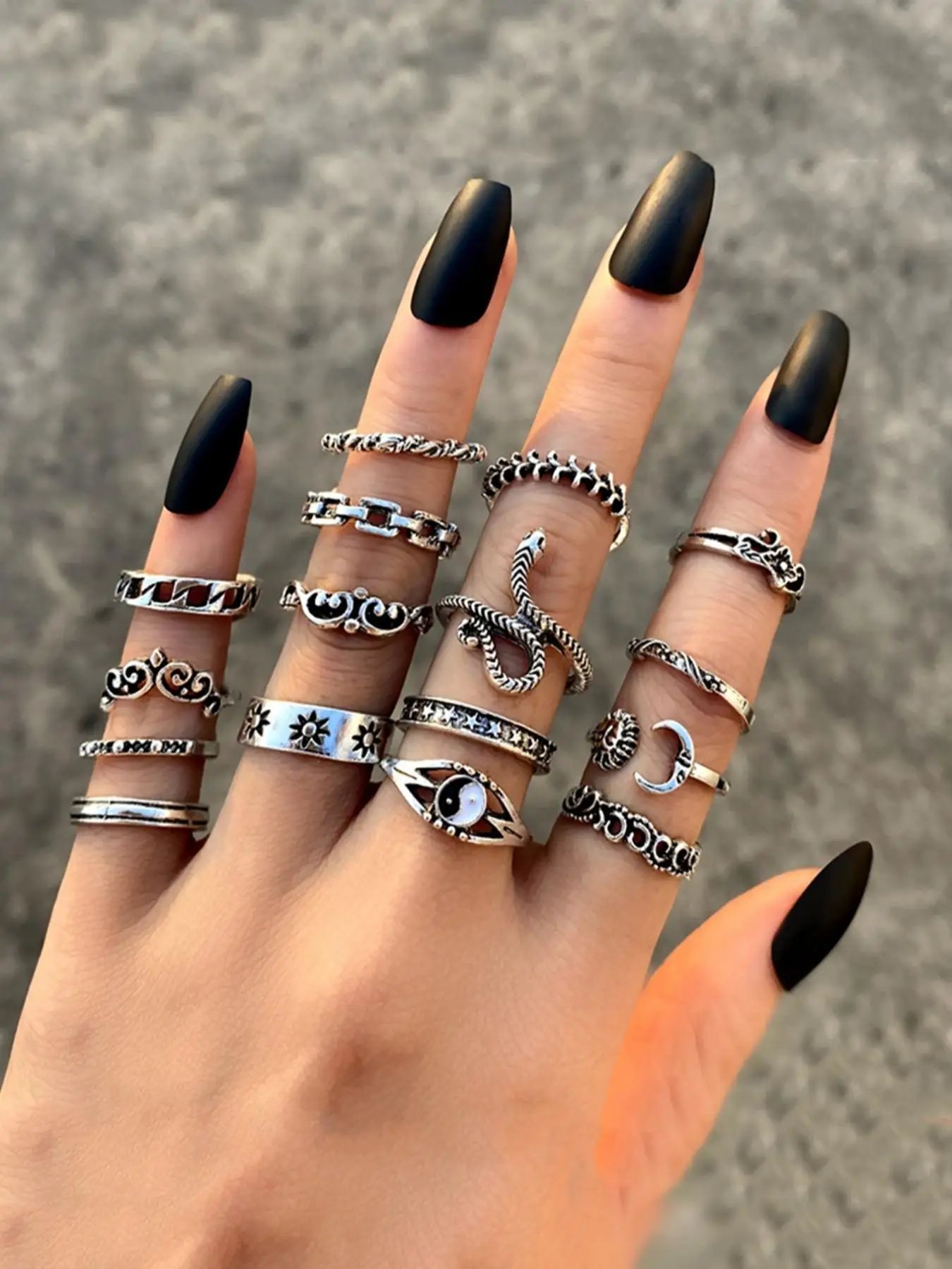 Vintage Snake Yinyang Moon Design Cuff Ring Bundles Kit, Matching Layering Stack Ring, Streetwear Punk Fashion Accessories for Both Men & Women for Gi