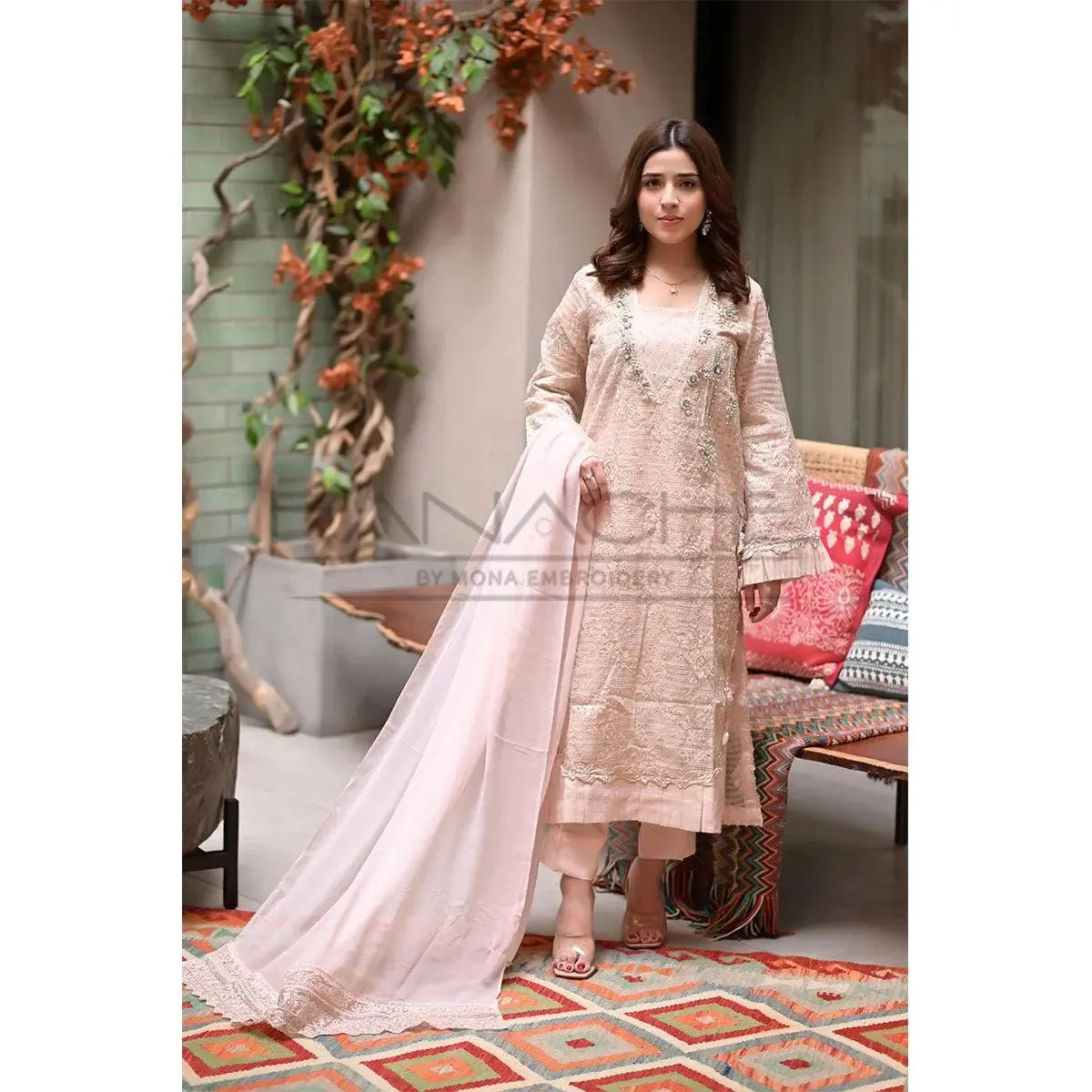 Panache - K-226 Pink 3 Piece Embroidered Khaddi Net Suit