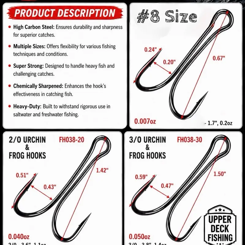 Heavy Duty Double Fishing Hooks for Frog & Urchin Style Baits, 6 Per Pack with Multiple Sizes
