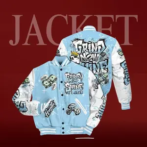 Legend Blue 11s Match Varsity Jacket, Grind Now Shine Later Graphic, Basketball Streetwear All Over Print