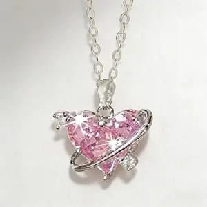1pc Stainless Steel Heart Pendant Necklace with Shiny Pink Zirconia - Perfect for Couples Weddings Valentines Day & Holiday Gifts