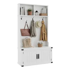 Space-Saving 3-in-1 Entryway Hall Tree with Bench, Shoe Storage, Coat Rack – Adjustable Shelf, 5 Hooks – Mudroom Organizer for Entry, Foyer or Living Room – White