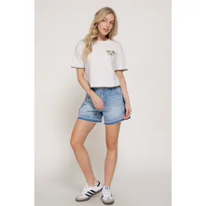 Jersey-style cotton top with round neck, short sleeves and embroidered detail: IVY-ecru / M