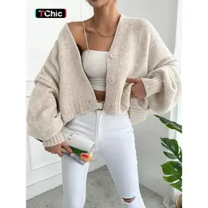 Women's Solid Color V-Neck Lantern Sleeve Cardigan, Casual Fashion Loose-Fit Knitted Cardigan for Fall & Winter, Button Front Design Knitwear