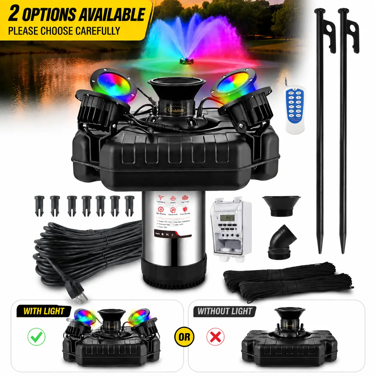 Goldlife Pond Fountain Aerator F3 Submersible Pump with 4-in-1 Nozzle Kit Gift (Options: 4xRGB Lights or Pump Only), 110V, 1HP 750W, 15000GPH, 100FT Power Cord, Power Supply, Remote Control, Floating Water Fountain