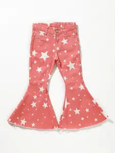 Pink Star Print Denim Stretchy Bell bottoms pants Girls jeans