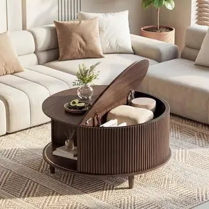 Loftiage 31.5" Round Lift Top Coffee Table with Storage, Fluted Drum Coffee Table with 360° Sliding Door & Open Side Shelves, Multi-Purpose Center Table for Living Room & Small Space, Walnut