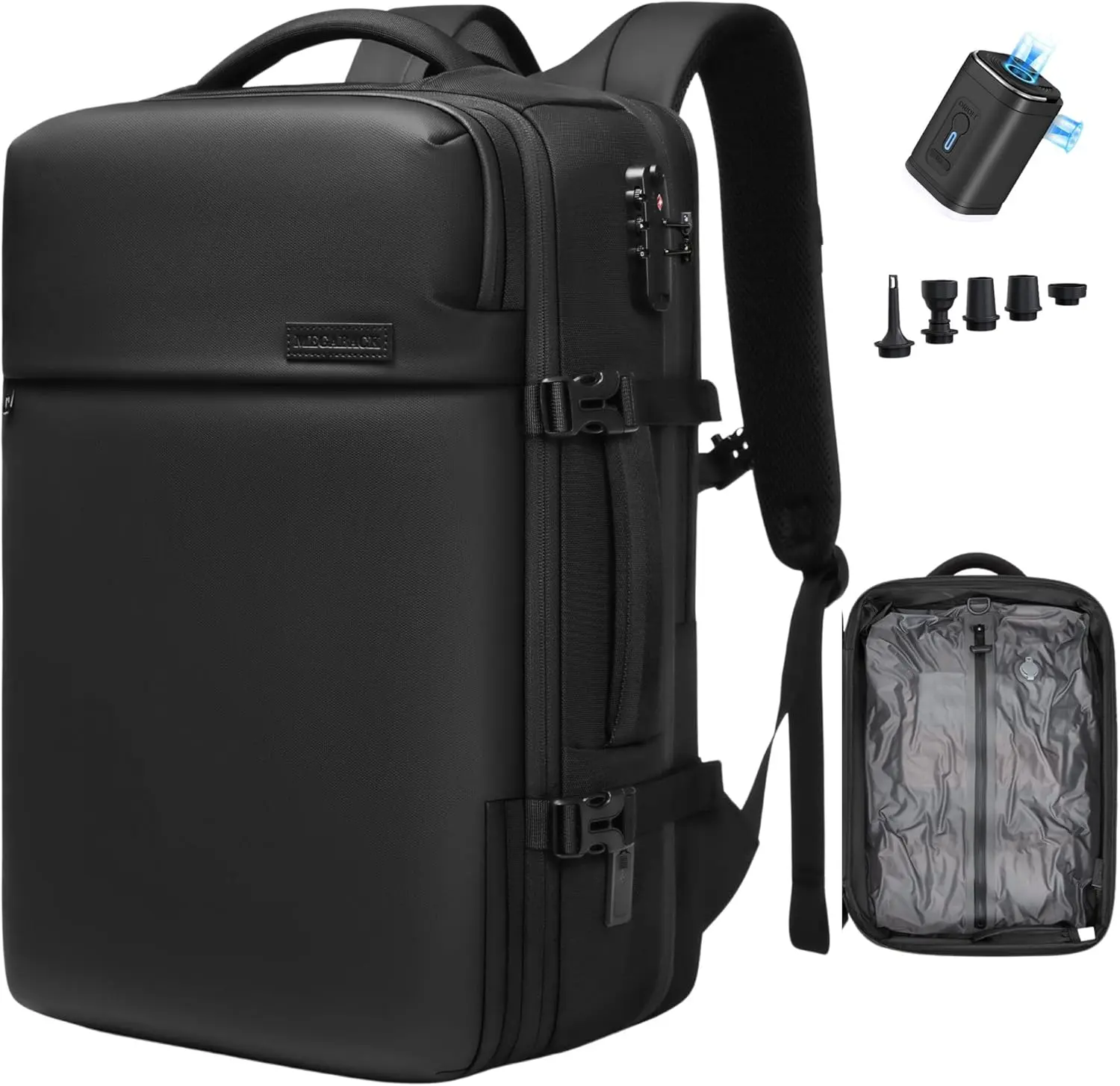 Airback Backpack 70L Expandable Air Vacuum Backpack for Travel Vacpack with Pump TSA Lock USB Charging Port Waterproof Black