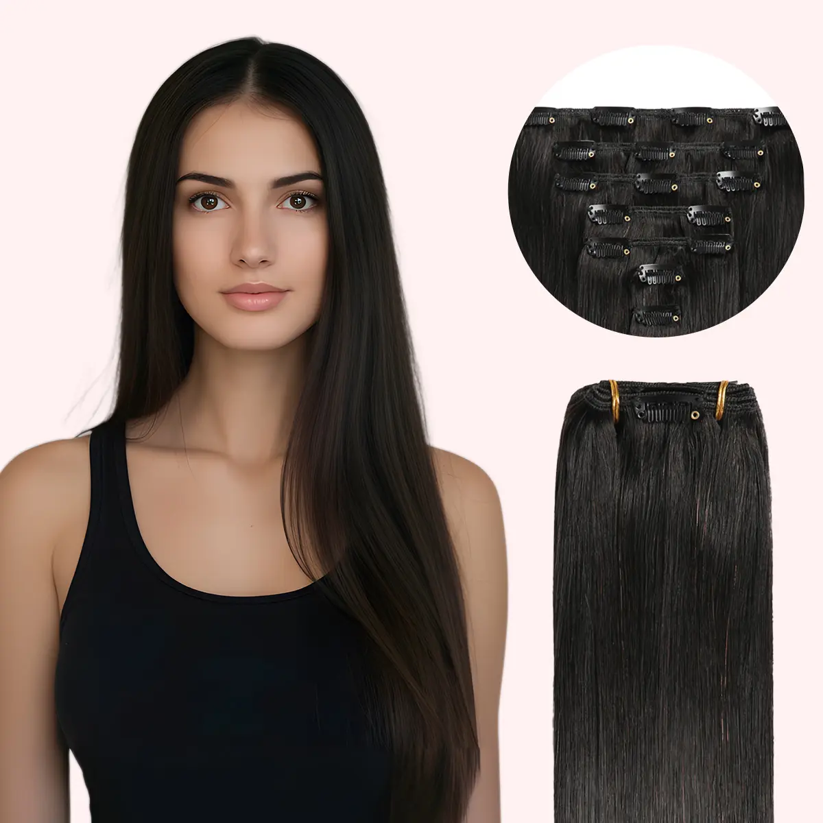 TIKUhair 100% Human Hair Clip-In Extensions - 7 Pcs with 16 Clips, 70/80g, Seamless Edges, Straight Texture, Invisible Design for Natural Appearance