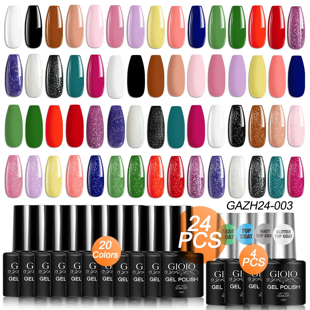 GIOIO 24 Pcs Semi-Permanent Gel Nail Polish Set, Includes 20 Colors UV Soak Off Gel Polish And Base Coat,Glossy Matte Glitter Top Coat Gel Nail For Women DIY Crazy Nail Art Design, Gel Manicure, Manicure Gels, Gel Topcoat, Nail Products
