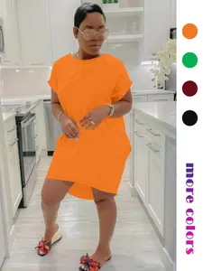 [Plus Size] Solid Color Pocket Tee Dress, Casual Short Sleeve Round Neck Fitted Loungewear Dress for Daily Wear, Women's Plus Sleepwear for All Seasons, Womenswear Everyday