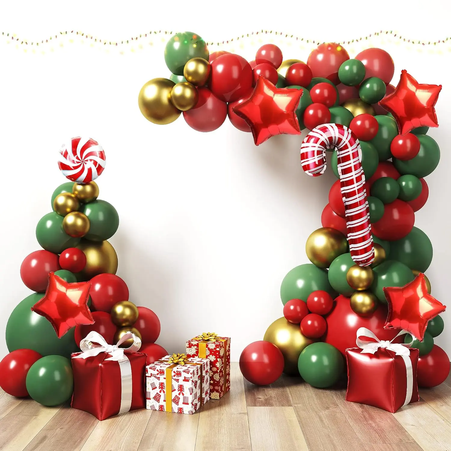 Christmas Balloon Garland 125 Pcs - 36/18/10/12/5 Red And Green Christmas Balloons With Candy Cane, Star & Present Foil Balloons For Christmas Party Decorations