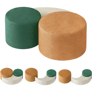 Modern Upholstered Nesting Ottoman Coffee Table, Set of 2, Light Brown & Green