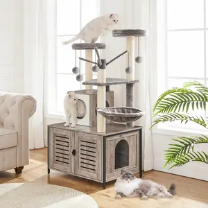 HOOBRO All-in-One Wooden Cat Tower, Cat Tree with Litter Box Enclosure, 27.6" L x 18.9" W x 52" H, Cat Furniture for Indoor Cats, Cat Condo with Hammock, Detachable Teaser Sticks, Greige #SummerVibes #petlovers