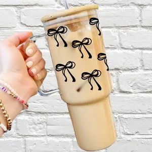 Coquette Black Bows Glass Cup with Lid and Straw - Aesthetic Drinkware with Bamboo Lid, Black Ribbon Iced Coffee Mug