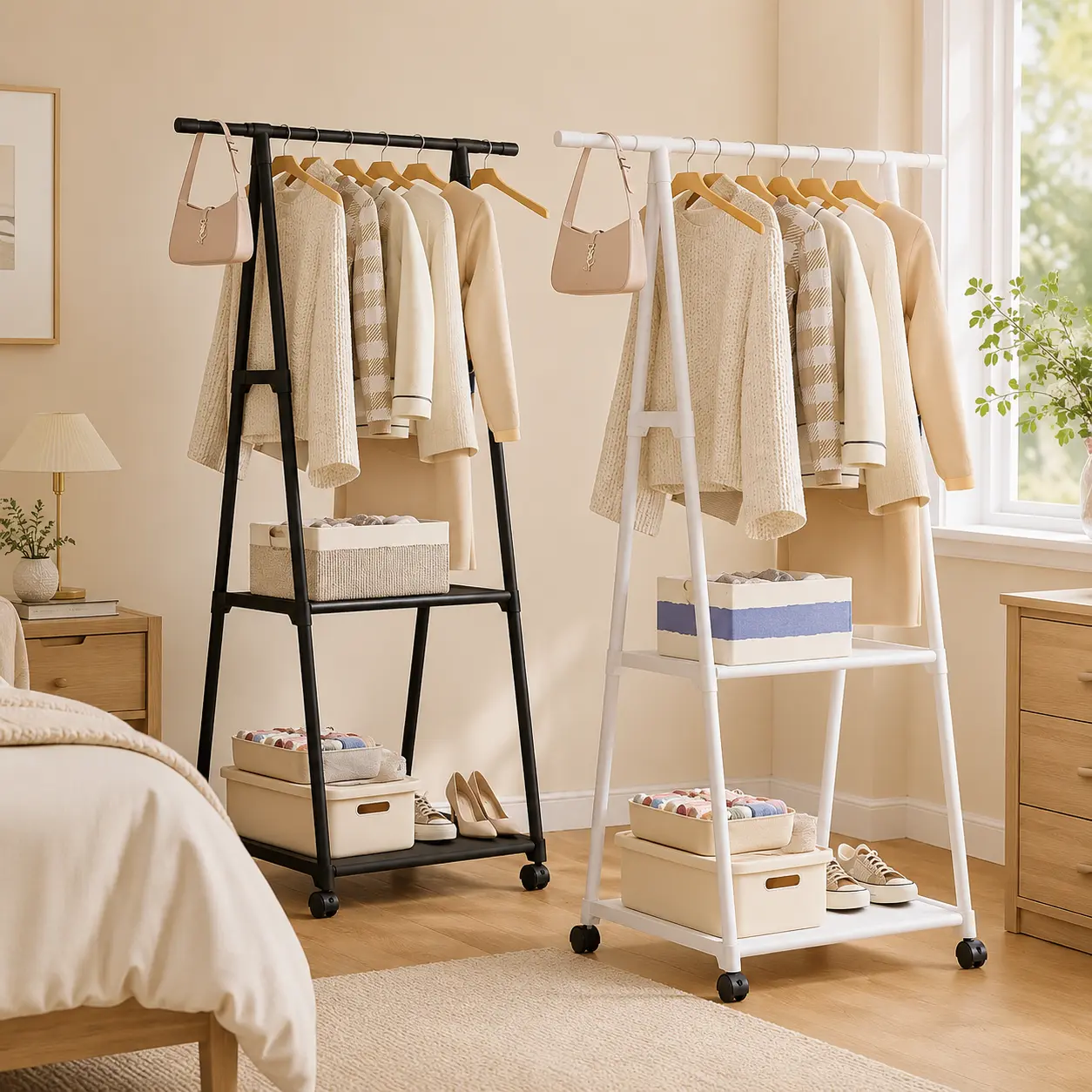 Rolling garment rack with 2-tier storage shelves, A-frame clothes rack on wheels for bedroom, dorm & apartment, black/white