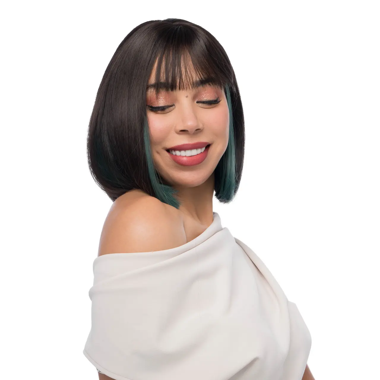 10-Inch Solid Cool Espresso Brown (Mermaid Green 'Peekaboo' Underlights) Straight Bob Synthetic Wig | 【Heat Resistant】【Cap Included】 | 51FSGB