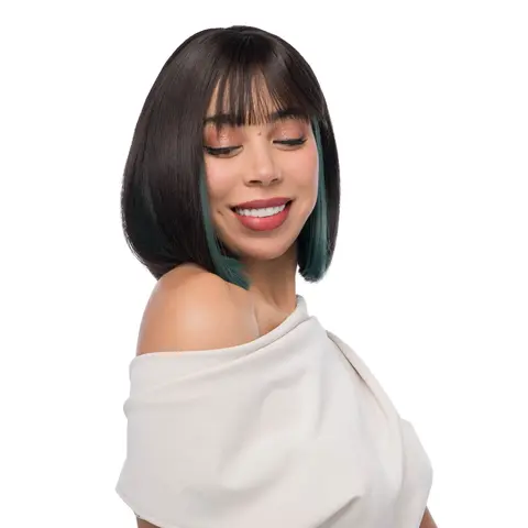 10-Inch Solid Cool Espresso Brown (Mermaid Green 'Peekaboo' Underlights) Straight Bob Synthetic Wig | 【Heat Resistant】 【Cap Included】 | #51FSGA