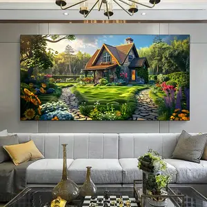 1 Piece Framed Canvas Painting, Large Canvas Art, Modern Stone House Green Garden Canvas Wall Art - Vivid nature style painting for living room, bedroom office decoration.