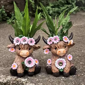 2PCS Floral Highland Cow Resin Statue Decor Figurine - No Electricity Needed Farmhouse Decor for Tabletop or Garden, a Rustic Design & Gift for Christmas, Birthday, Resin Animal Sculptures, Decorative Sculptures