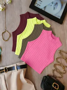 Women's Knitted Sleeveless Top Set, Half High Neck Short Tank, Casual Streetwear, Four Piece Set, Perfect for Daily Wear