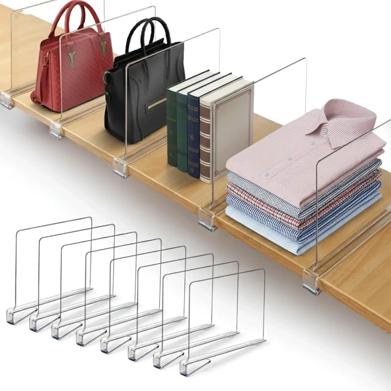 8-Pack Shatter-Resistant Acrylic Shelf Dividers - Acrylic Organizer, Multi-Functional Modular Organizer, Adjustable Separators for Closet Small Space Decor, Fits 0.75" Shelves, Holds Clothes, Handbags & Towels