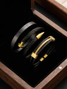 3-piece Black Gold Steel Wire Bracelet Set / Men's Versatile Titanium Steel Adjustable Bracelet / Punk Men's Wristband / Non-fading / For Daily Wear / Festivals / Parties / Ideal Gift