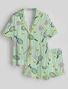 Tennis Print Satin Pajama Set, Green Pink Sleepwear, Mother day Gift, All-over Print Kid and Youth Satin Short-Sleeve Pajamas Set