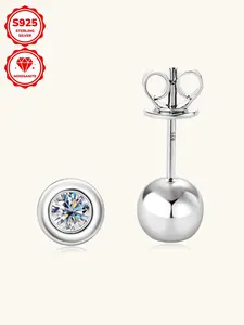 S925 Sterling Silver Synthetic Moissanite Decor Stud Earrings, Classic Simple Round Ball Shaped Bubble Earrings, Fashion Jewelry Accessories for Women & Girls