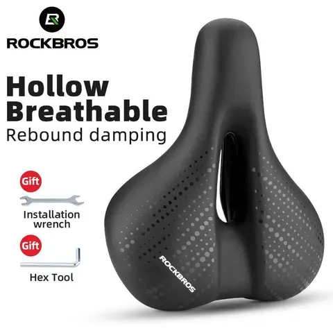 ROCKBROS 8.66-inch Wide Gel Bike Seat Replacement for Adults - Gel Padding, Airflow, Memory Foam, Waterproof, Pressure Relief, Dual Shock Balls, Clamp Adapter, Reflective Accents - Fits MTB, Cruiser, Fat Bikes to Ease Back Strain