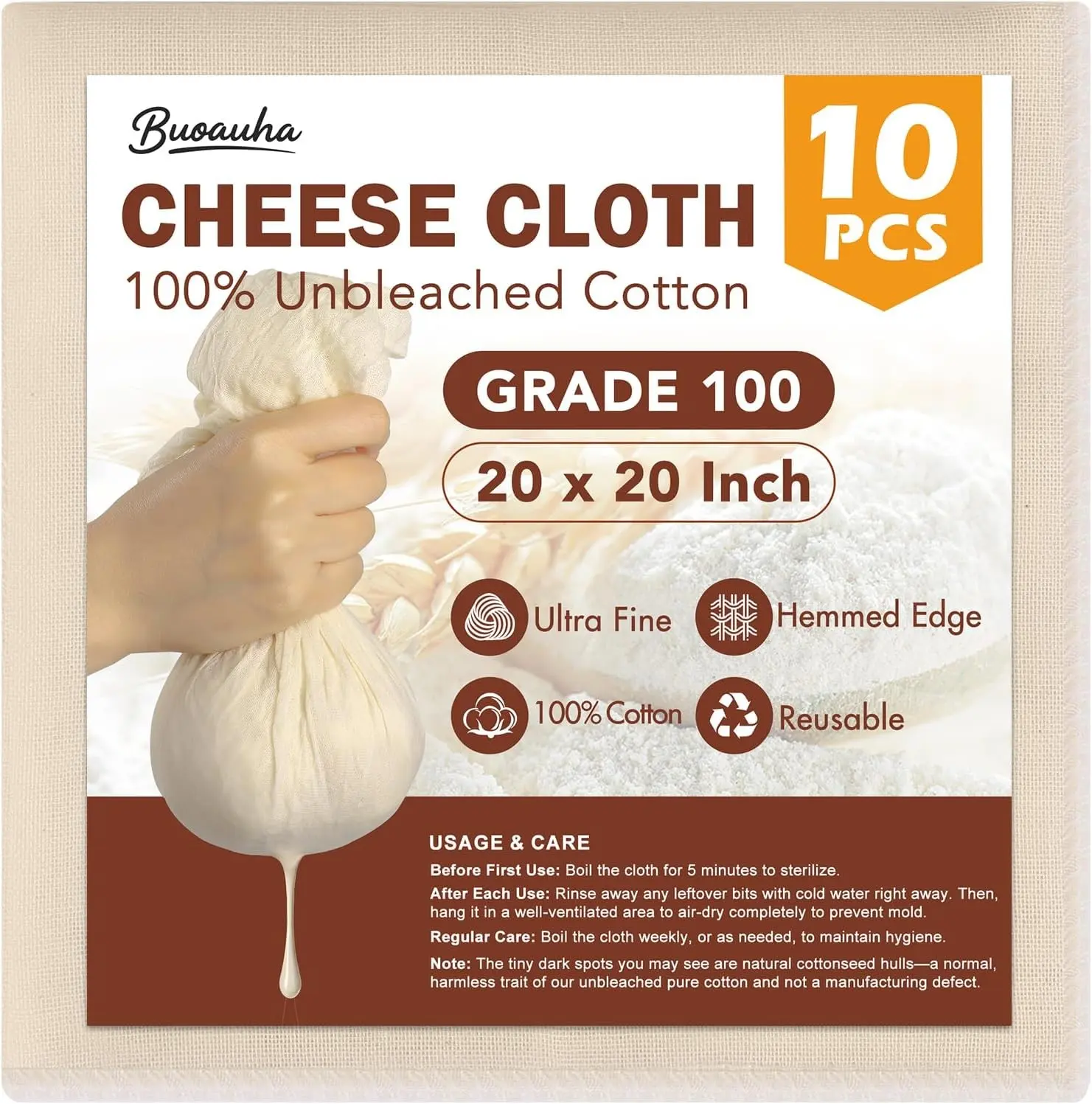 10 PCS Cheesecloth, 20x20 Inch – 100% Unbleached Cotton, Reusable Hemmed Cheese Cloths for Straining, Nut Milk, Baking and Cheese Making (Grade 100)