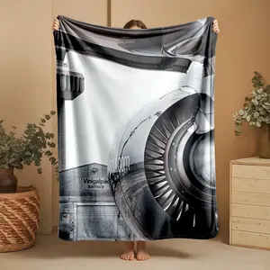 1 piece Close-up of aircraft engine turbine blades and airport scene themed flannel blanket - Flannel blanket with modern design, suitable for sofas and beds, all-season use, super soft and comfortable, digitally printed pattern, 100% polyester