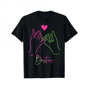 Friendship Graphic Tee for All - Vintage Inspired Black T-Shirt with Neon Heart Hands Print, Soft Lightweight Crew Neck - Perfect for Bestie Gifts, Matching Street Style & Everyday Comfort